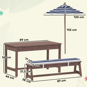 Table pique-nique enfant - ensemble salon de jardin enfant - 2 bancs, coussins et parasol - bois brun