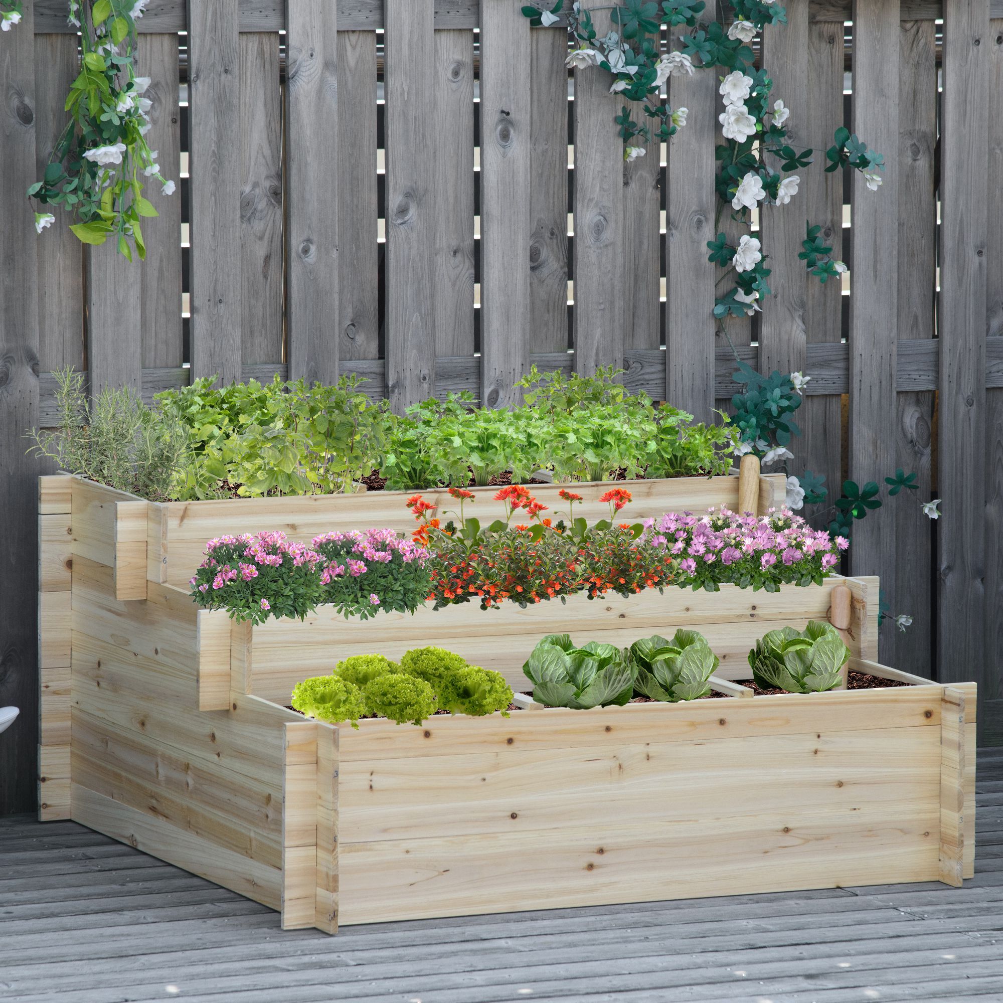 Jardinera de Madera de 3 Niveles Escaleras de Huerto Urbano con Tela Geotextil para Cultivos Plantas Flores para Jardín Terraza Exterior 117x100x54 cm Natural