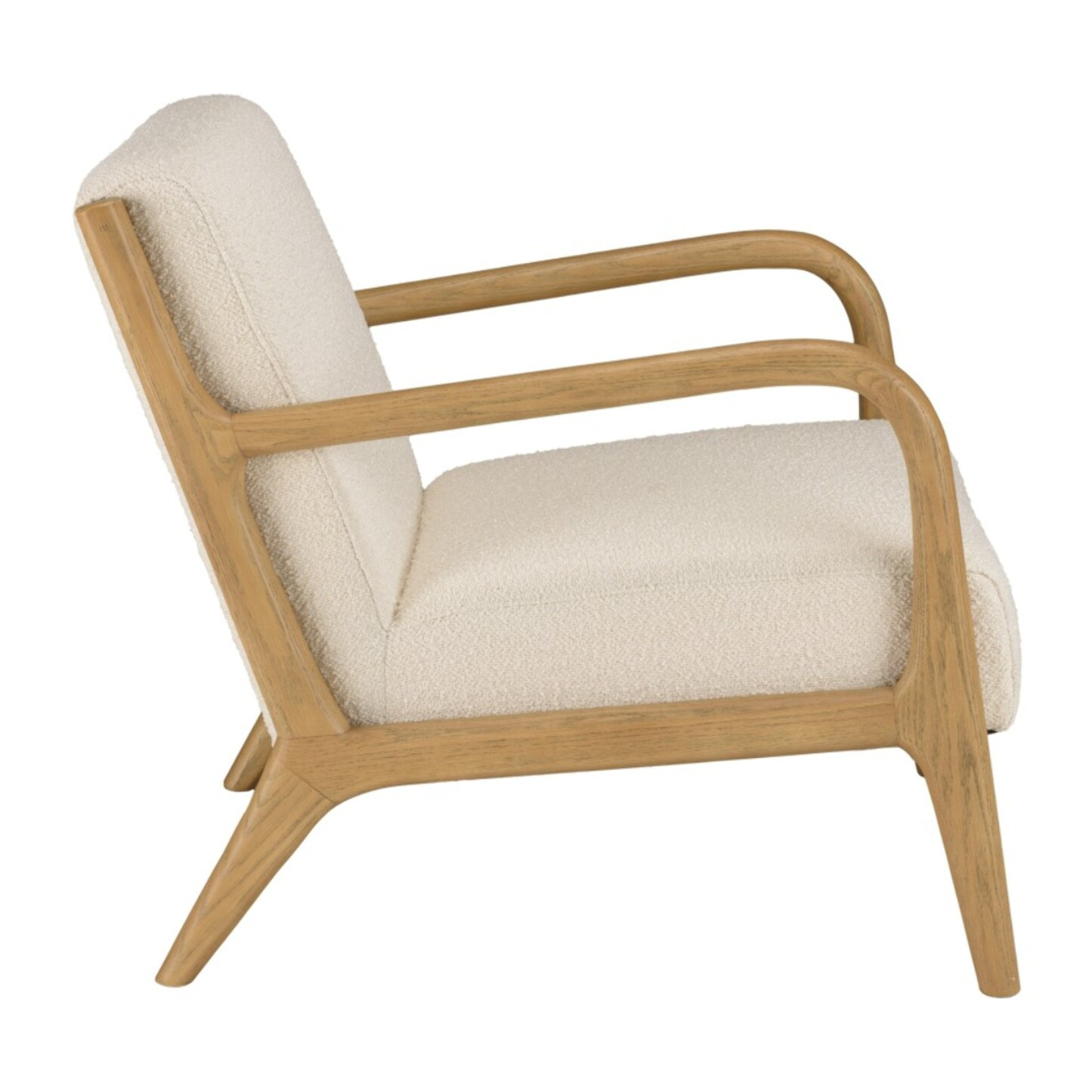 PIERRE - Fauteuil bas tissu bouclette écru structure et accoudoirs bois