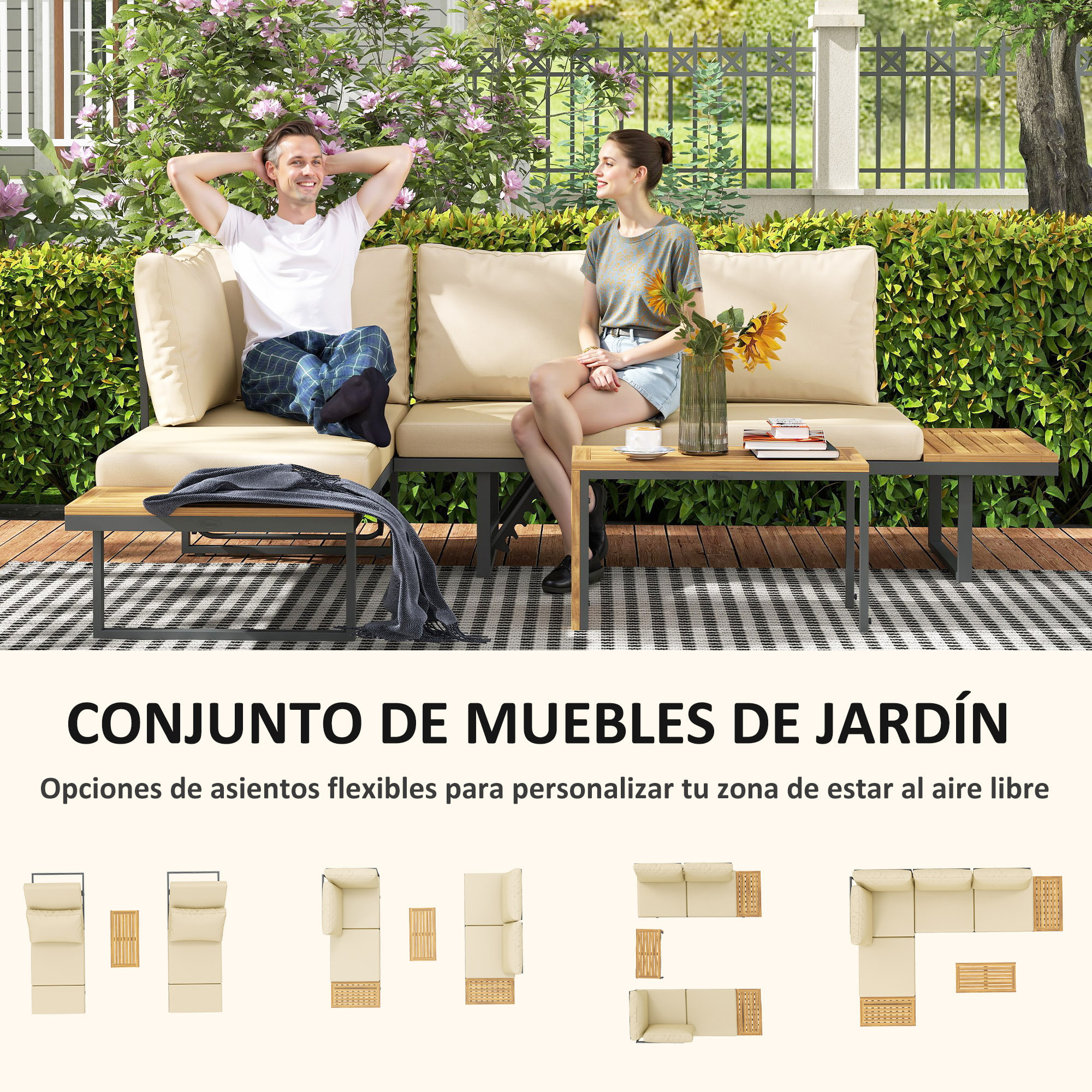 Conjunto de Muebles Jardín Exterior Sofás de Exterior en Forma de L Tumbona con 2 Sofás de 3 Plazas Asiento Ajustable y Mesa de Madera de Acacia Versátil con Cojines Beige y Gris