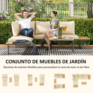 Conjunto de Muebles Jardín Exterior Sofás de Exterior en Forma de L Tumbona con 2 Sofás de 3 Plazas Asiento Ajustable y Mesa de Madera de Acacia Versátil con Cojines Beige y Gris