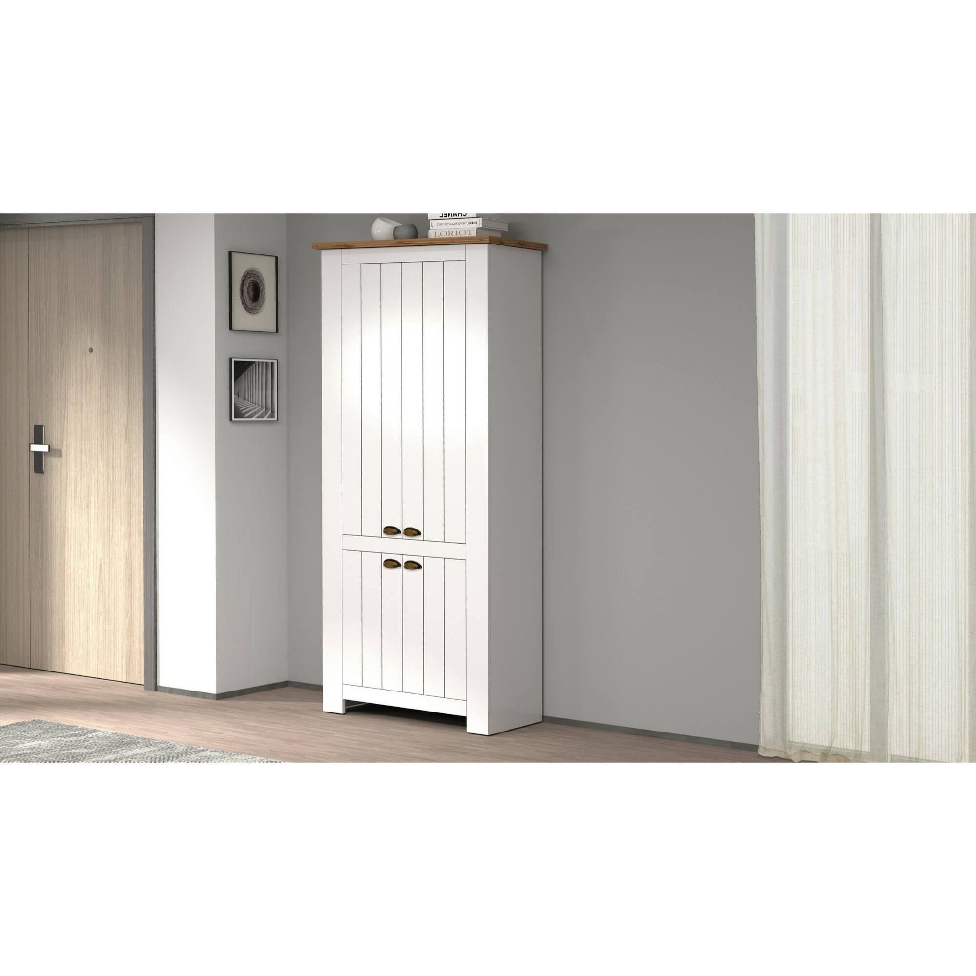 Scarpiera Dcicerell, Porta scarpe salvaspazio a 4 ante, Armadio multifunzione da ingresso, 84x42h200 cm, Bianco e Rovere