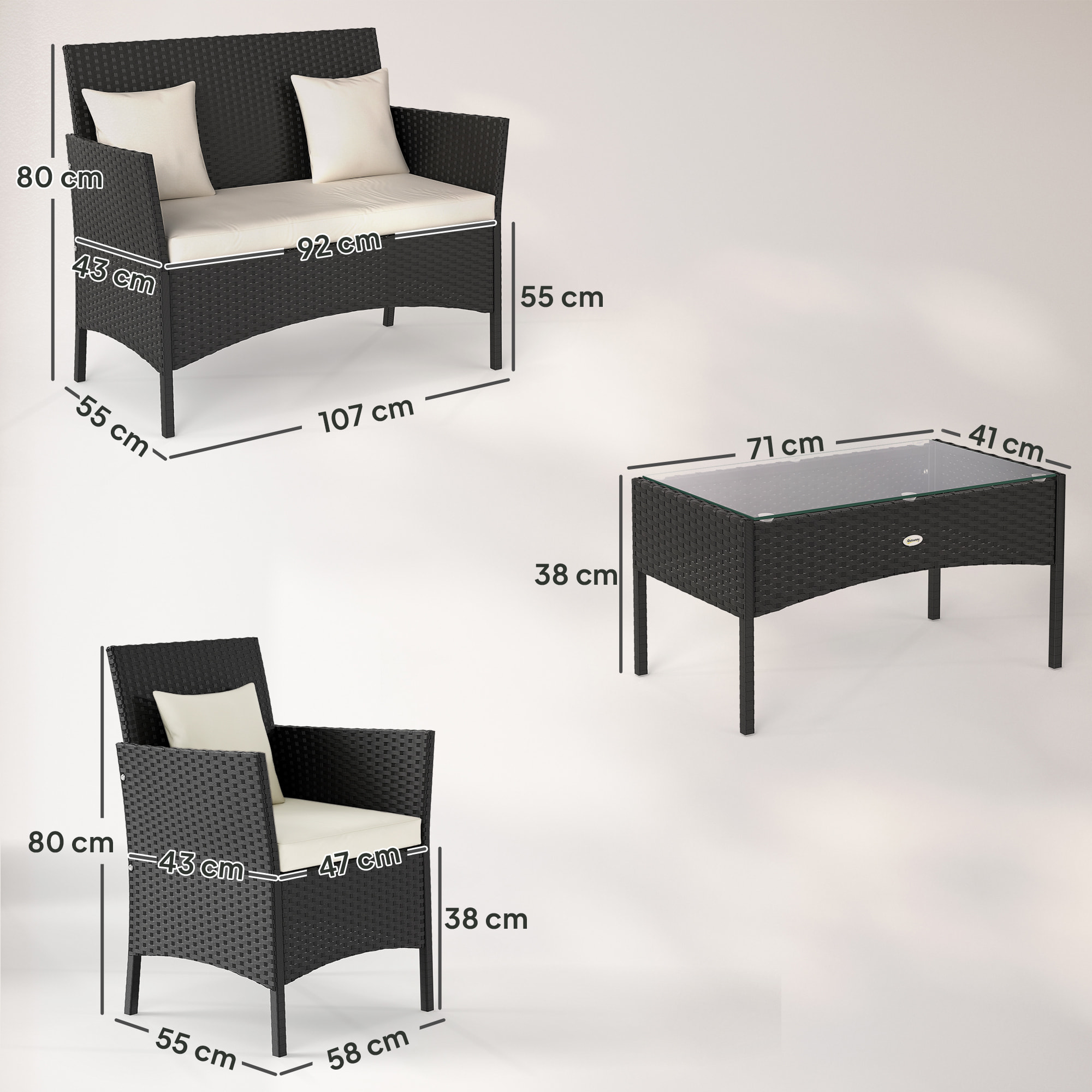 Conjunto de Jardín de Ratá¡n Sintá©tico Juego de 4 Piezas Muebles de Jardín con 2 Sillones 1 Sofá¡ de 2 Plazas 1 Mesa de Centro con Tablero de Vidrio y Cojines Negro y Crema