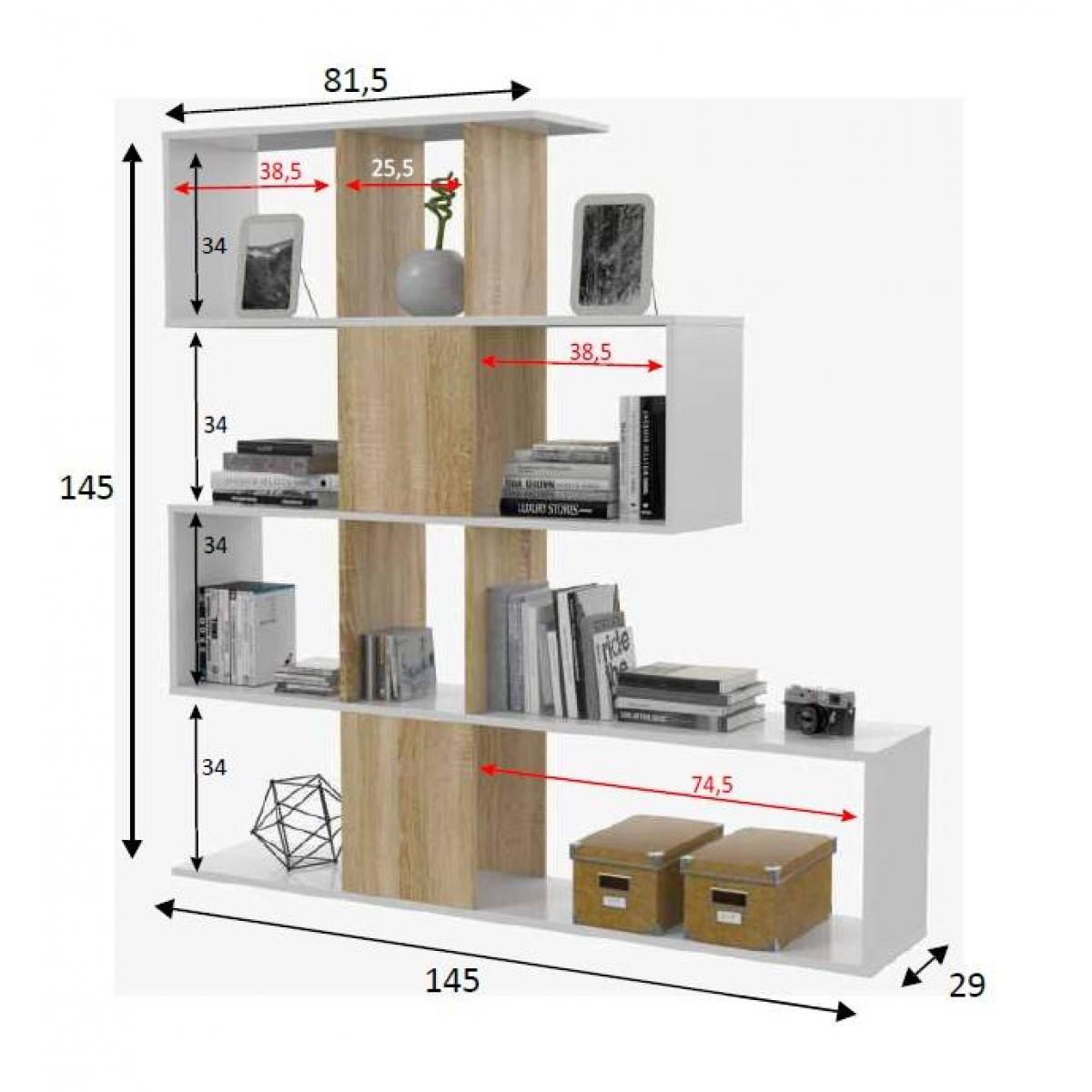 Libreria Pueblo, Mobile portalibri con 7 scomparti, Scaffale moderno da ufficio, Mobile da parete con ripiani, cm 145x29h145, Bianco e Rovere