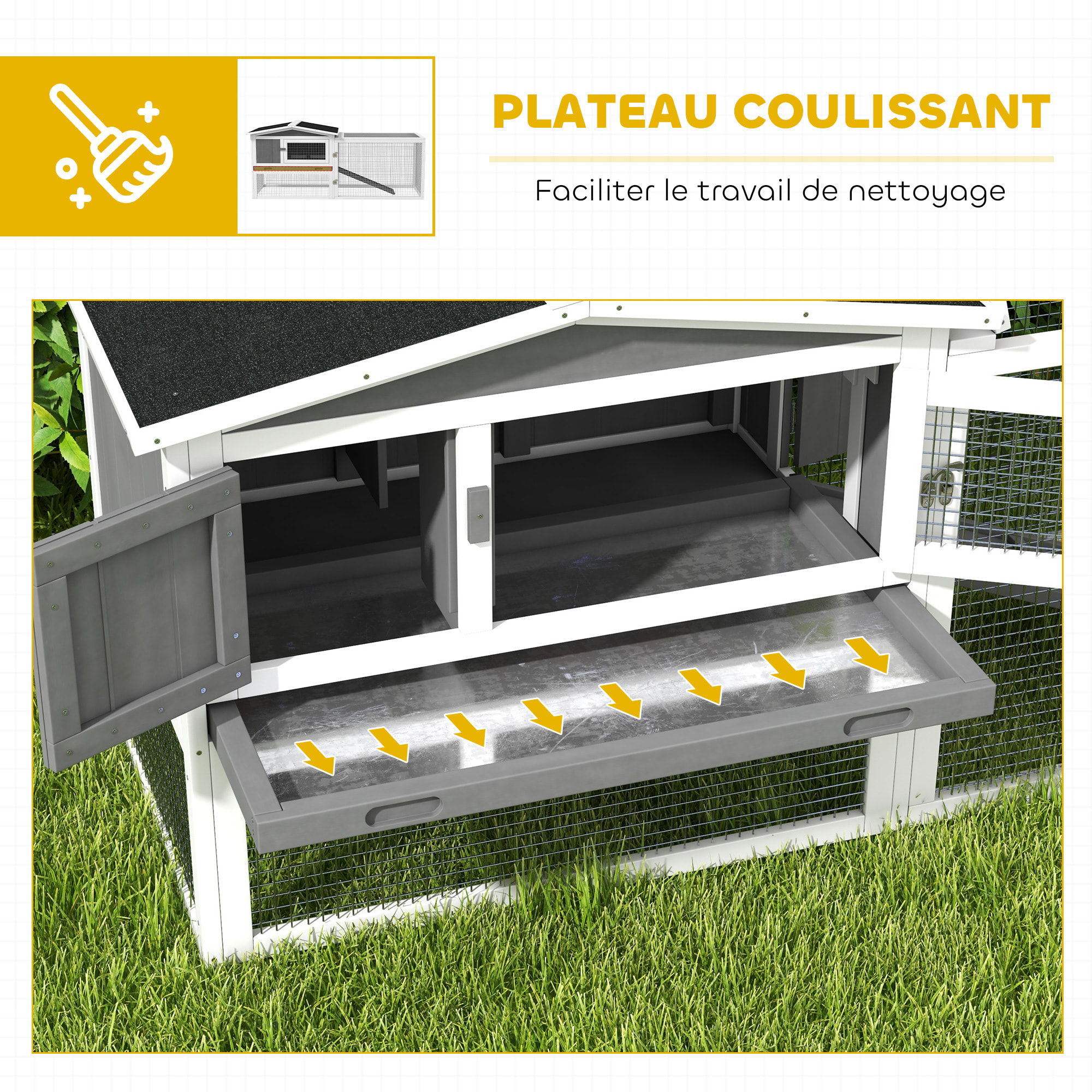 Clapier cage à lapins rongeurs 2 étages tiroir déjection enclos extérieur toit ouvrant bois sapin blanc gris