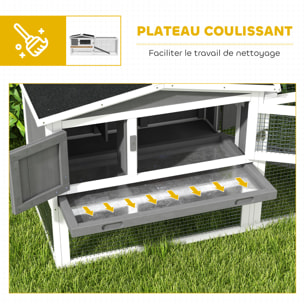 Clapier cage à lapins rongeurs 2 étages tiroir déjection enclos extérieur toit ouvrant bois sapin blanc gris
