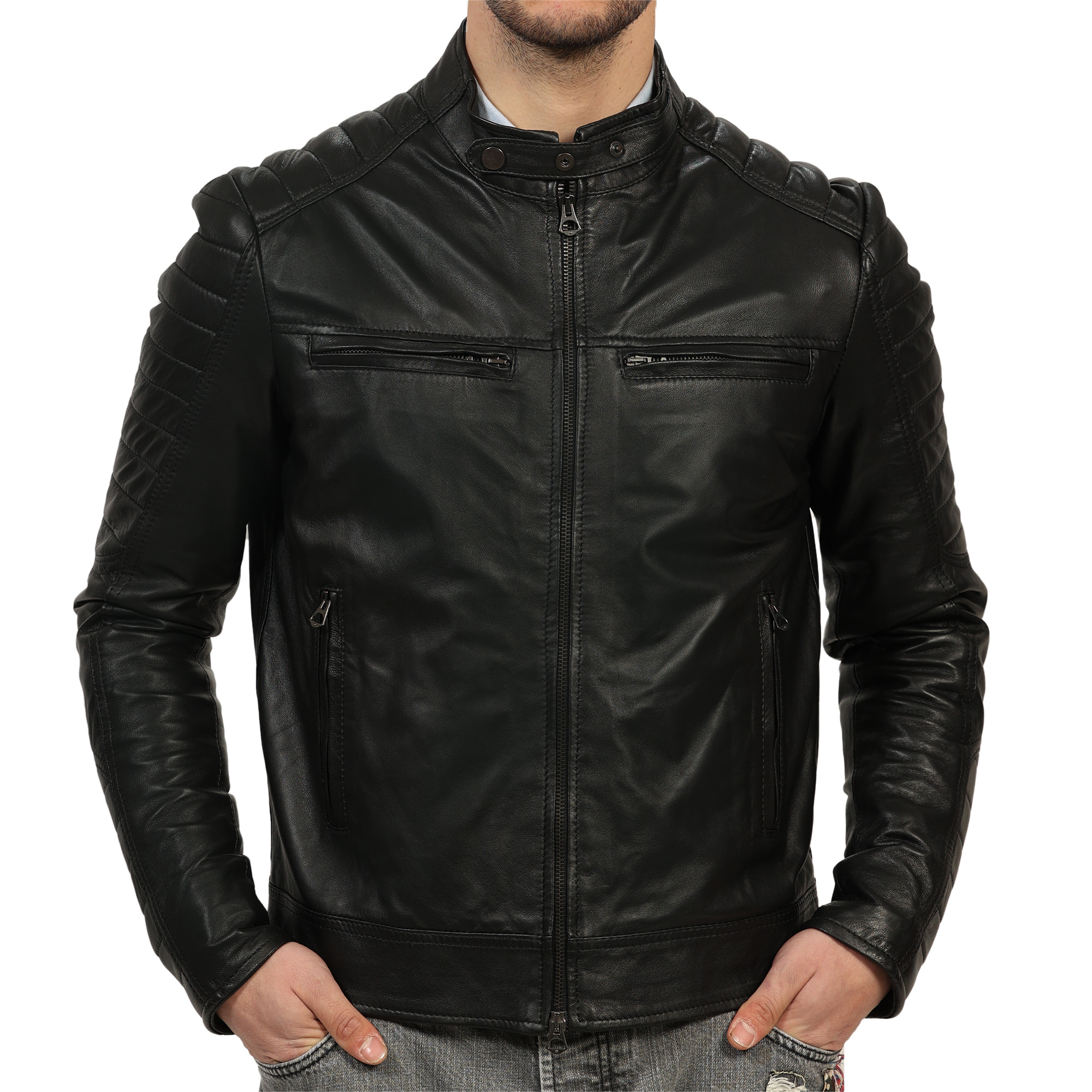 Giubbino in pelle di vitello nappa Nero-Slim Fit
