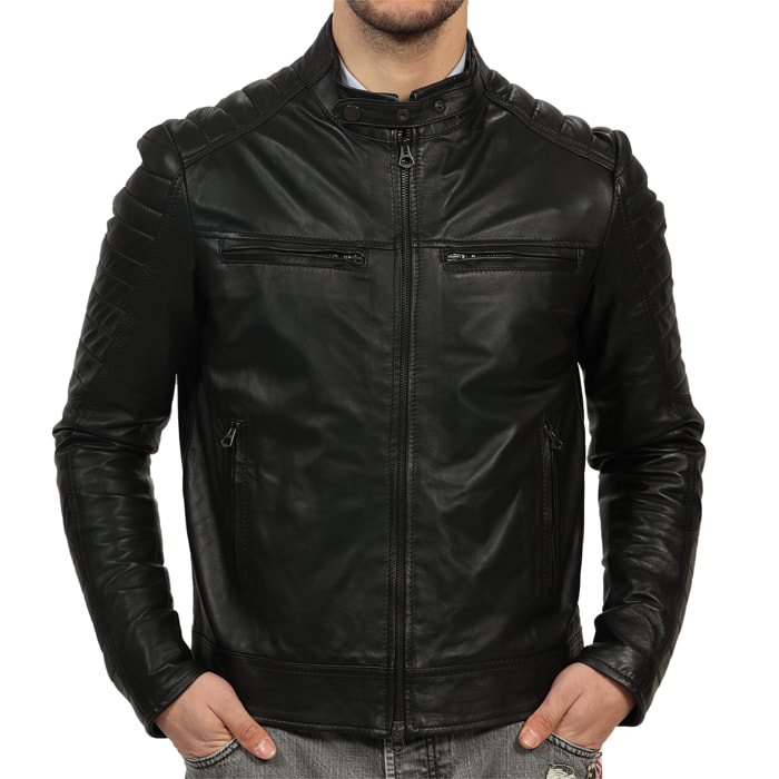 Giubbino in pelle di vitello nappa Nero-Slim Fit