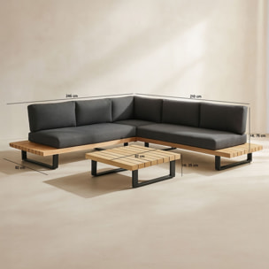 Salon de jardin en bois d'acacia et coussins noir 6 places DOURO