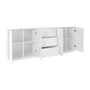 Credenza Jack, Madia da cucina a 4 ante e 3 cassetti, Buffet da soggiorno, 100% Made in Italy, cm 220x41h86, Bianco lucido