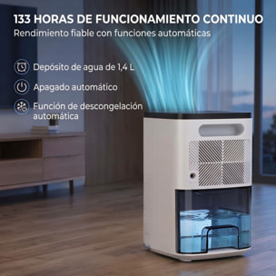 HOMCOM Deshumidificador 0,3L/Día, Deshumidificador de Humedad Pequeño Silencioso, para 15 ㎡, Luz RGB, Depósito 1,4 Litros, Temporizador de 24H, Pantalla LED, Secado Ropa, para Dormitorio, Baño, Blanco