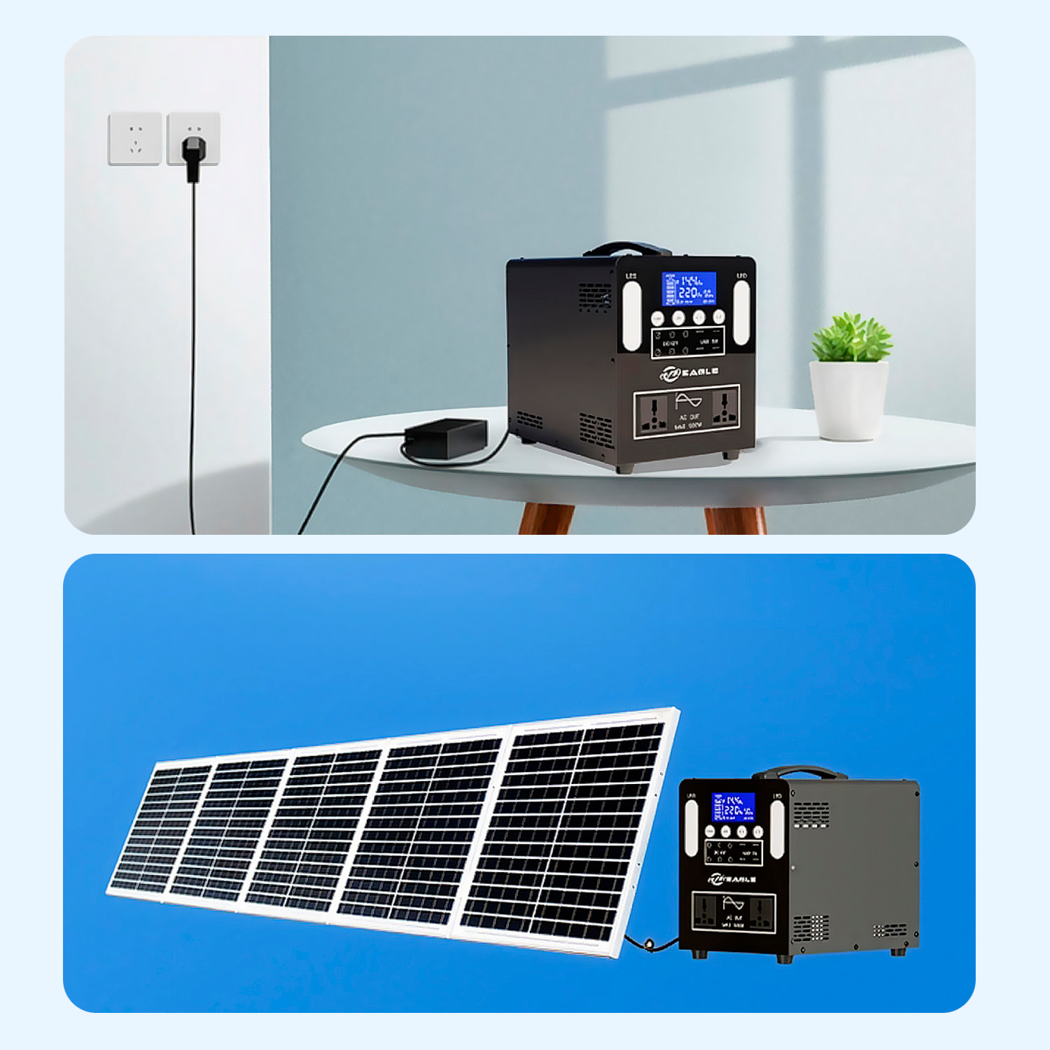 Estación de energía portátil B-500. 500W y batería de 12V 50Ah. Con onda sinusoidal pura y 2 paneles solares de 100W incluidos. Luz LED integrada con 4 modos.