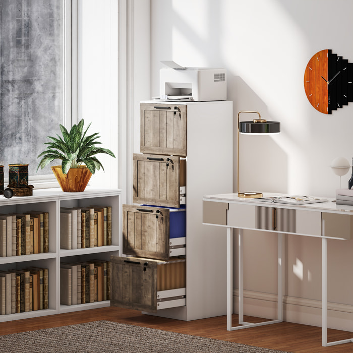 Cajonera de Oficina con 4 Cajones Cajonera de Escritorio con Cerradura 2 Llaves Barras Colgantes para A4 Carta Archivador Móvil para Estudio 39,4x40x129 cm Blanco y Madera