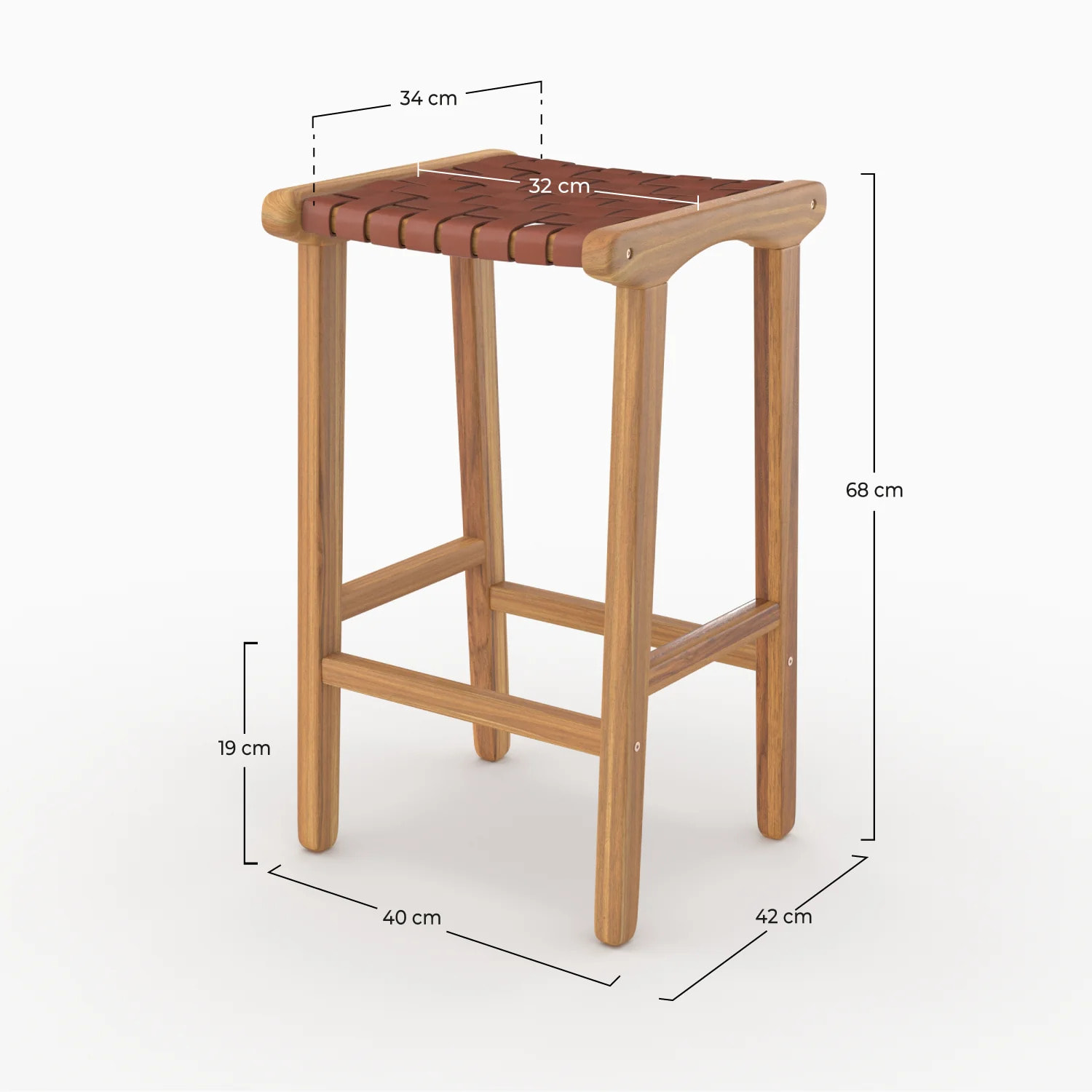 Tabouret pour îlot central 68 cm en teck et cuir tressé marron - Kuna