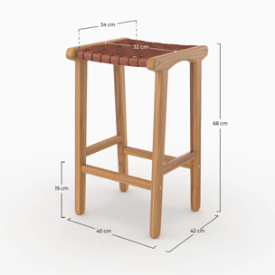 Tabouret pour îlot central 68 cm en teck et cuir tressé marron - Kuna