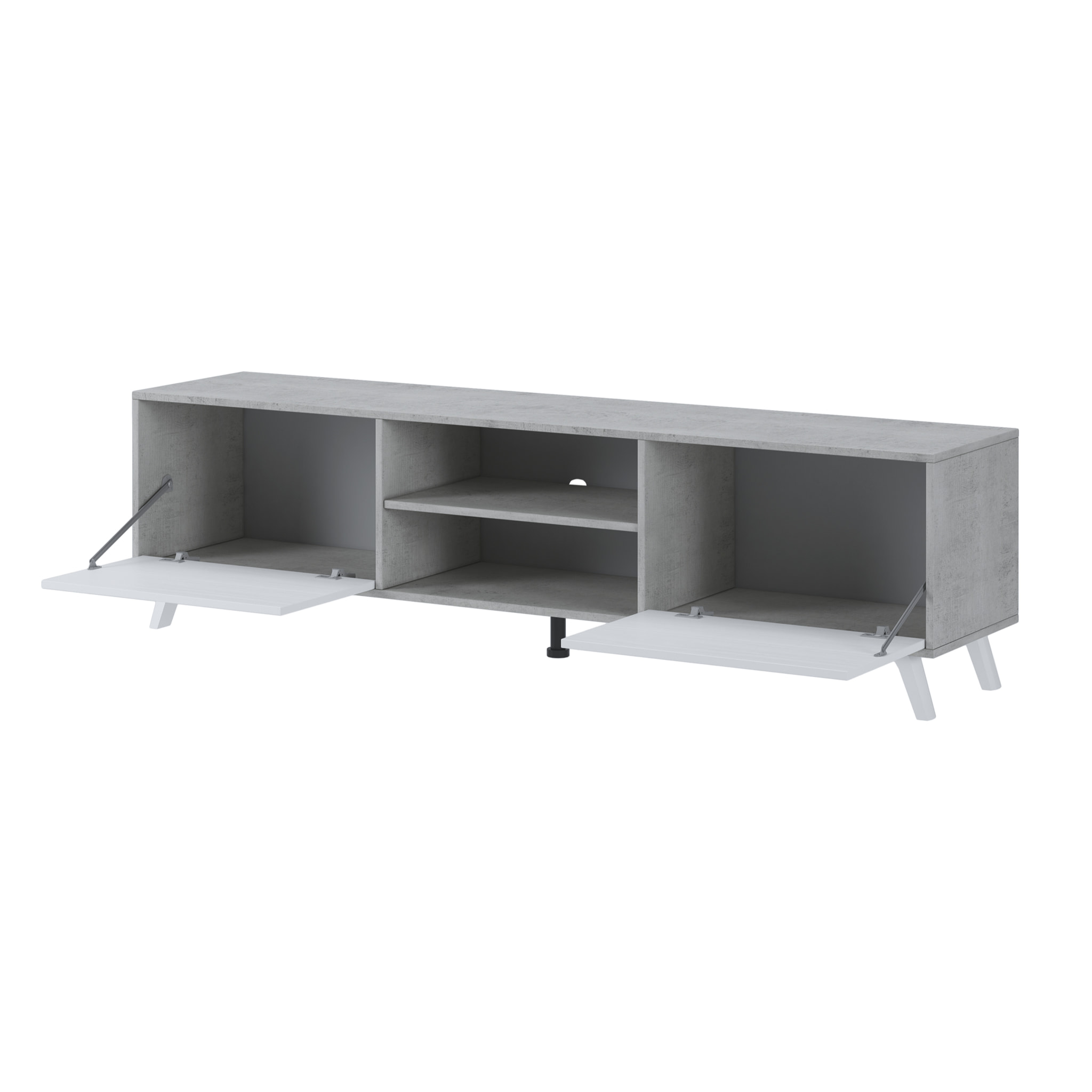 Mobile TV Moderno Con 2 Ante Battenti Ripiani Centrali Aperti Gambe Design Per Televisori fino a 75” 180 x 39,6 x 49 Cm Grigio Cemento E Bianco