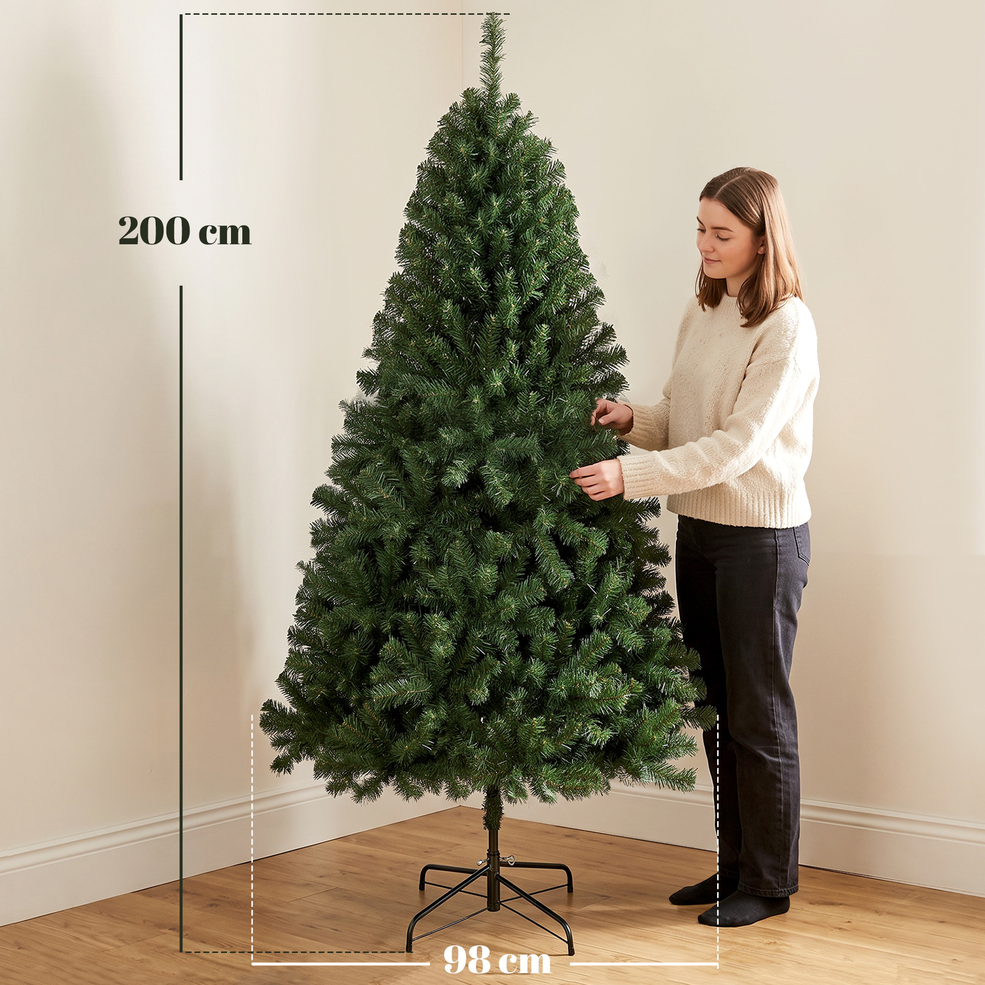Árbol de Navidad Artificial Ø98x200 cm, Árbol de Navidad, Pícea Abeto Artificial con 1000 Ramas Articuladas, Base Plegable, Fácil de Montar, Decoración para Hogar, Oficina, Fiestas