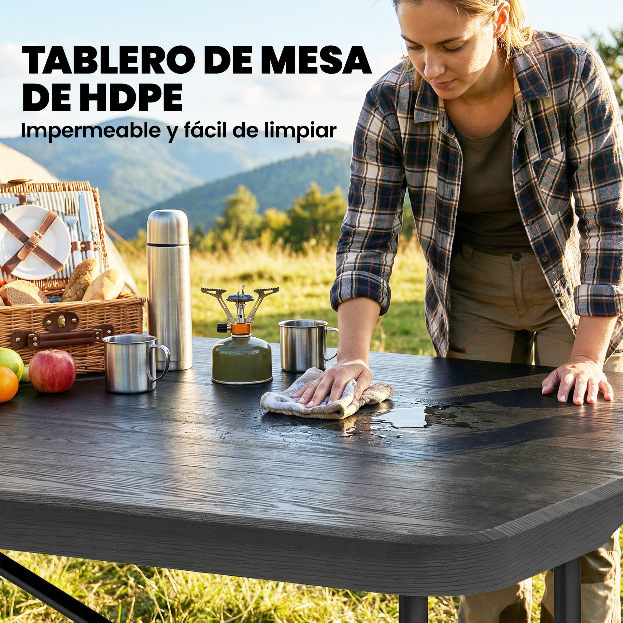 Conjunto de Camping Plegable de 5 Piezas Mesa Plegable Camping con Sillas Incluye 1 Mesa 180x74x74 cm y 4 Sillas Tapa Impermeable HDPE y Estructura de Metal para Acampadas Jardín Pícnic Negro