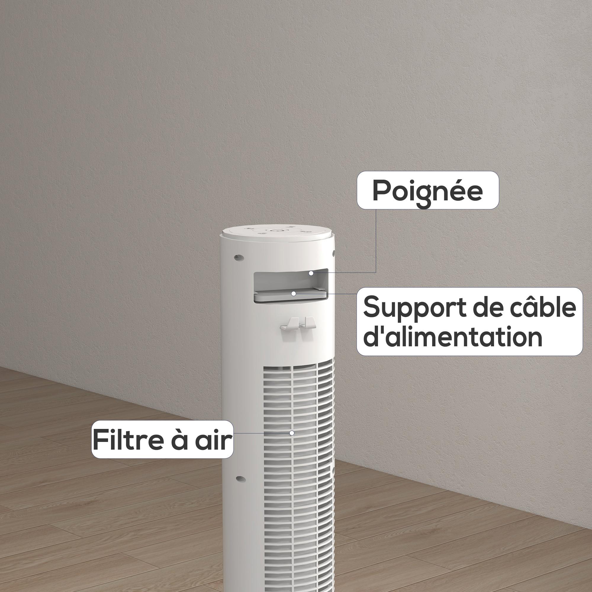 Ventilateur colonne tour oscillant 45 W silencieux télécommande incluse timer 4 modes 3 vitesses filtre blanc