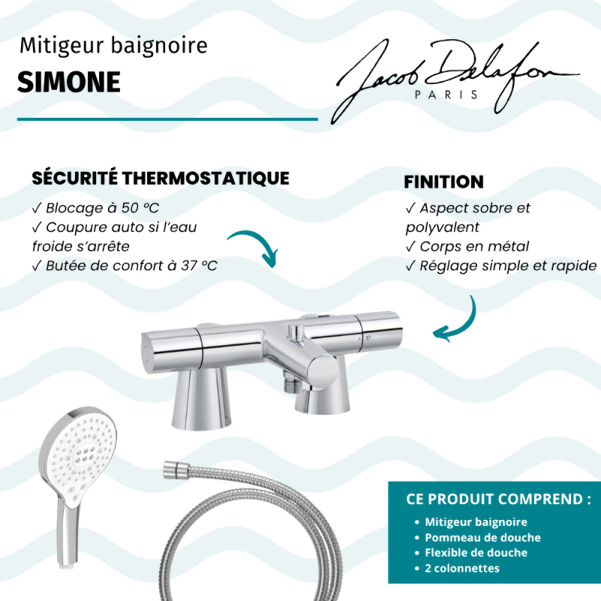 Mitigeur baignoire Simone + pommeau de douche Metro signature + flexible de douche métal + colonnettes