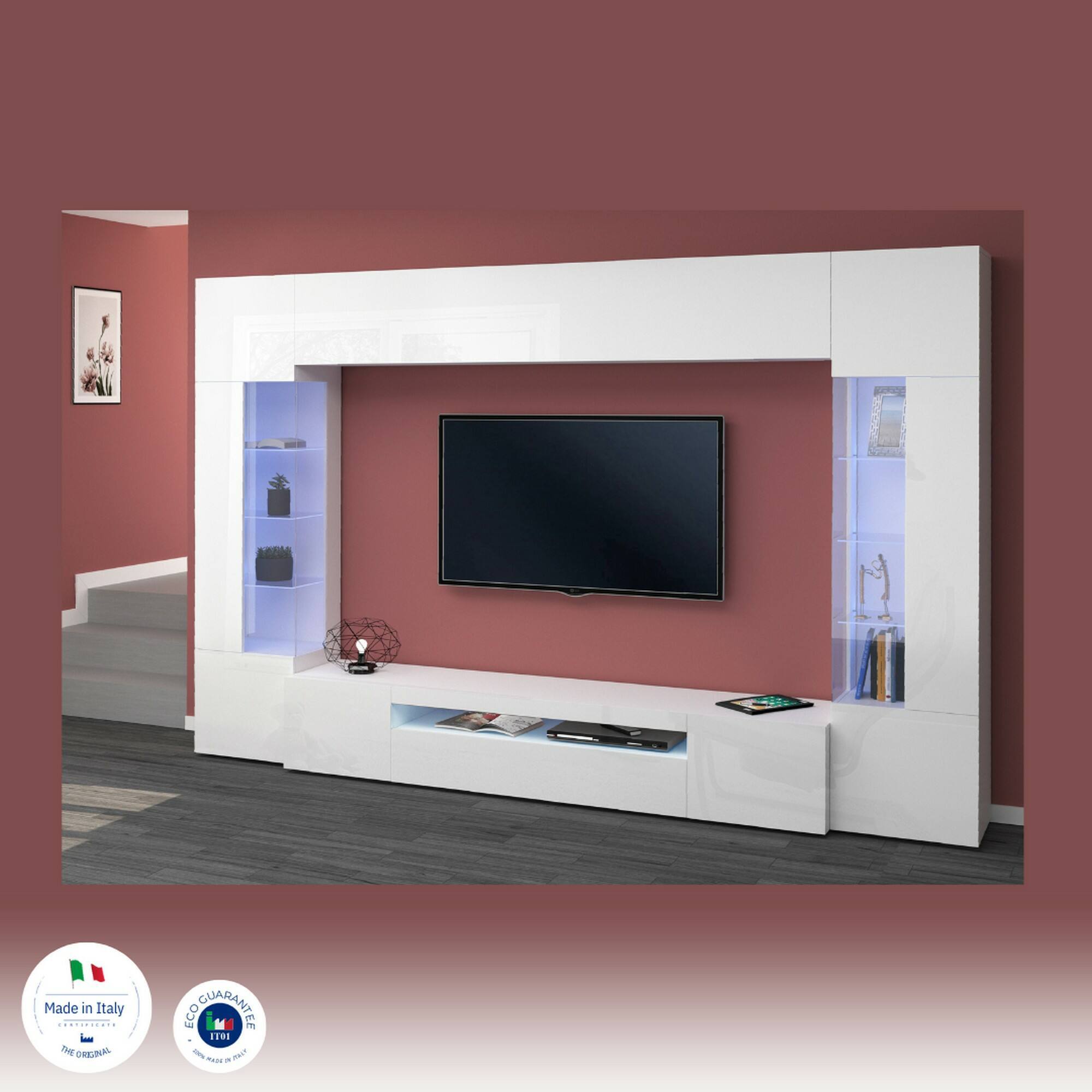 Parete attrezzata Clementino, Set salotto porta TV a 6 ante, Mobile soggiorno multiuso con luce LED, 100% Made in Italy, cm 290x40h191, Bianco lucido