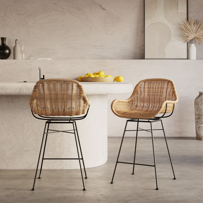Lot de 2 chaises pour îlot central 65 cm en résine tressée naturelle - Carmela