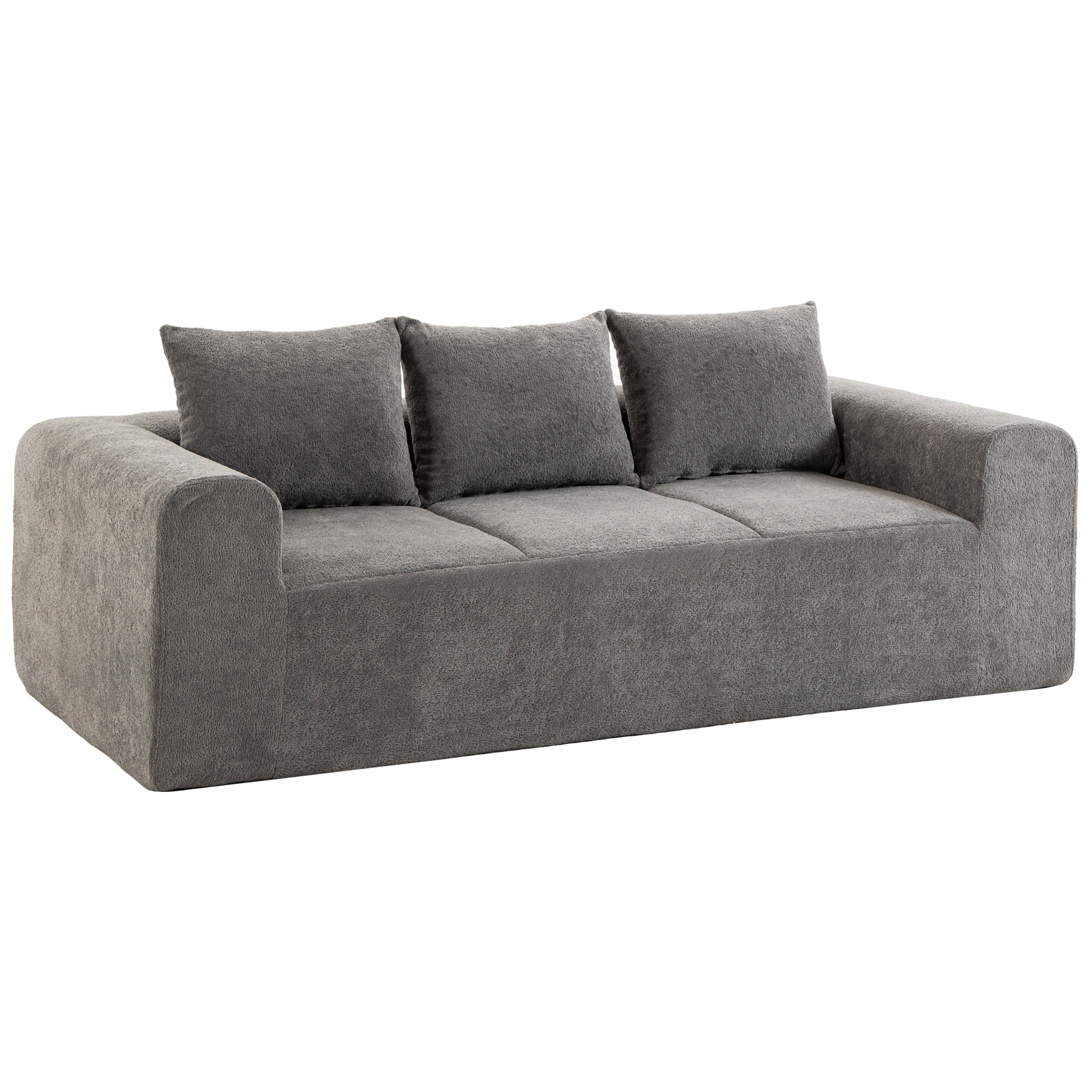 Canapé design arrondi 3 places larges accoudoirs 3 coussins tissu chenille gris