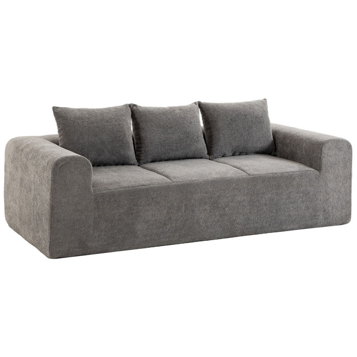 Canapé design arrondi 3 places larges accoudoirs 3 coussins tissu chenille gris
