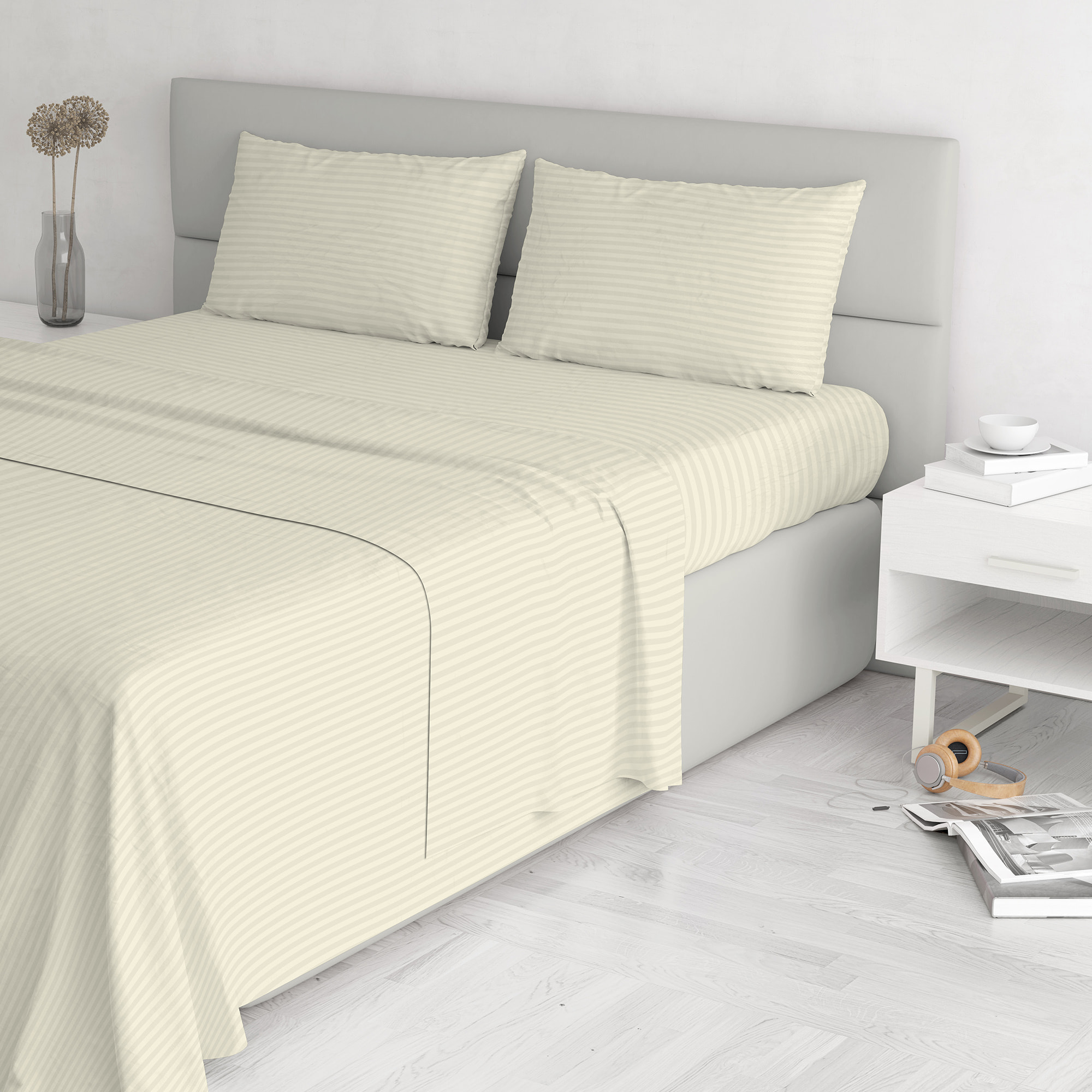 COMPLETO LETTO SATIN STRIPES, 100% Raso di Poliestere, Tinta Unita, Made in Italy - PANNA