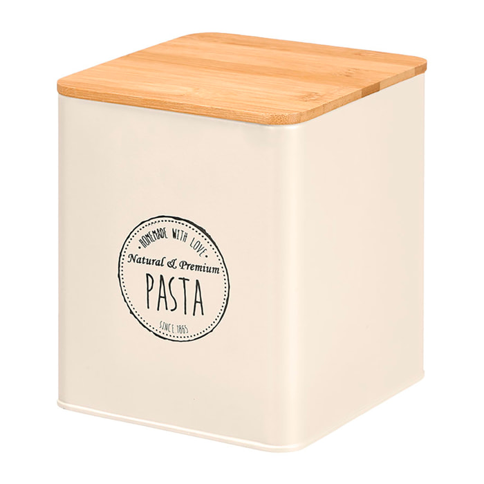 Tarro cuadrado crema con tapa de bambú. Diseño "Pasta".