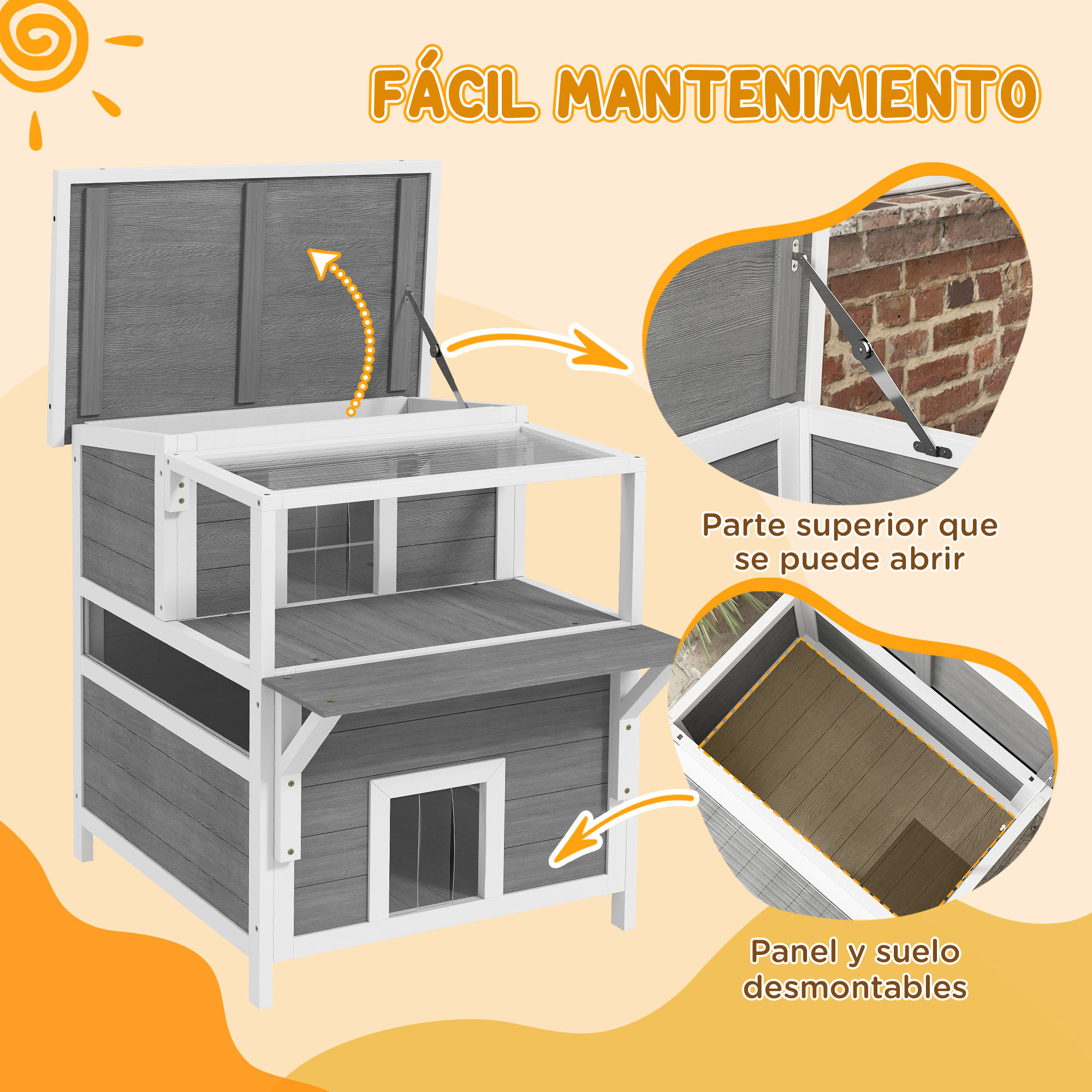 para Gatos de Madera 64x87x76 cm Casa para Gatos de 2 Niveles Refugio para Gatos con Techo Asfáltico Ventana y Puerta con Cortina para Interior y Exterior Gris Claro