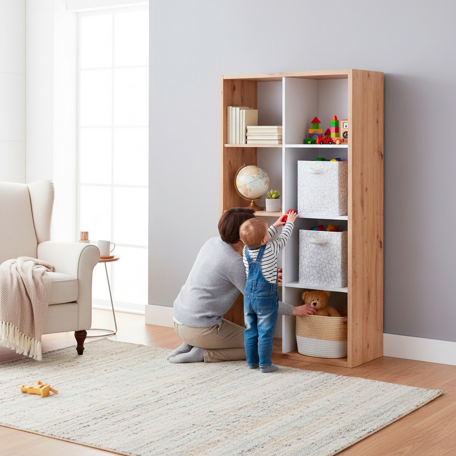Libreria Cubi 8 Vani Modulare Mobile Moderno Per Libri Installabile In Verticale O Orizzontale Soggiorno Ufficio 71.5 x 137 x 33 Cm Rovere e Bianco