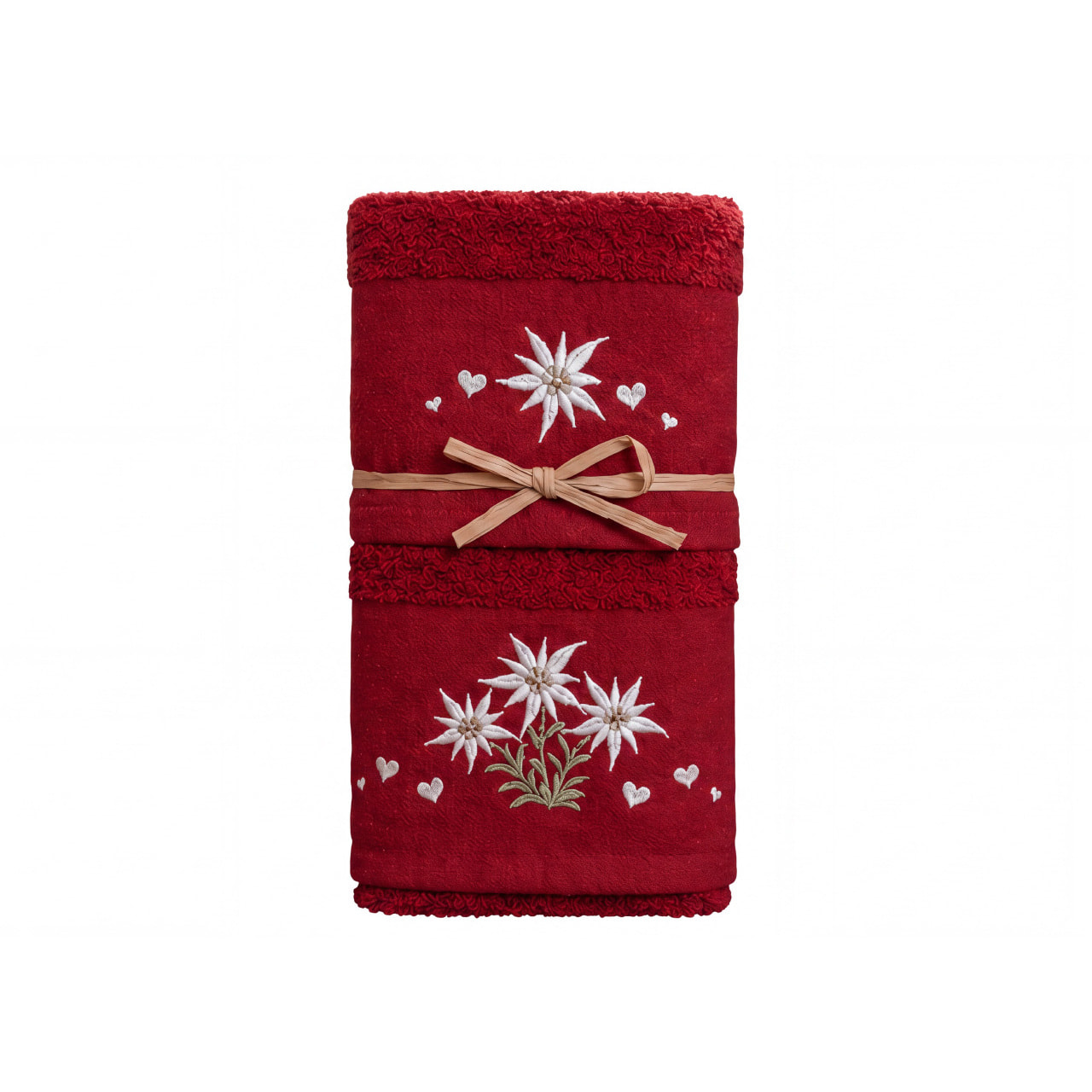 Set Asciugamano Ospite in Spugna 100% Cotone Fantasia Tirolese Natalizia Disegno Fiore delle Alpi Bordeaux