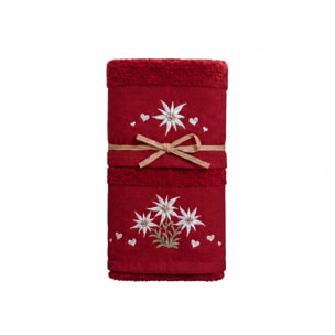 Set Asciugamano Ospite in Spugna 100% Cotone Fantasia Tirolese Natalizia Disegno Fiore delle Alpi Bordeaux