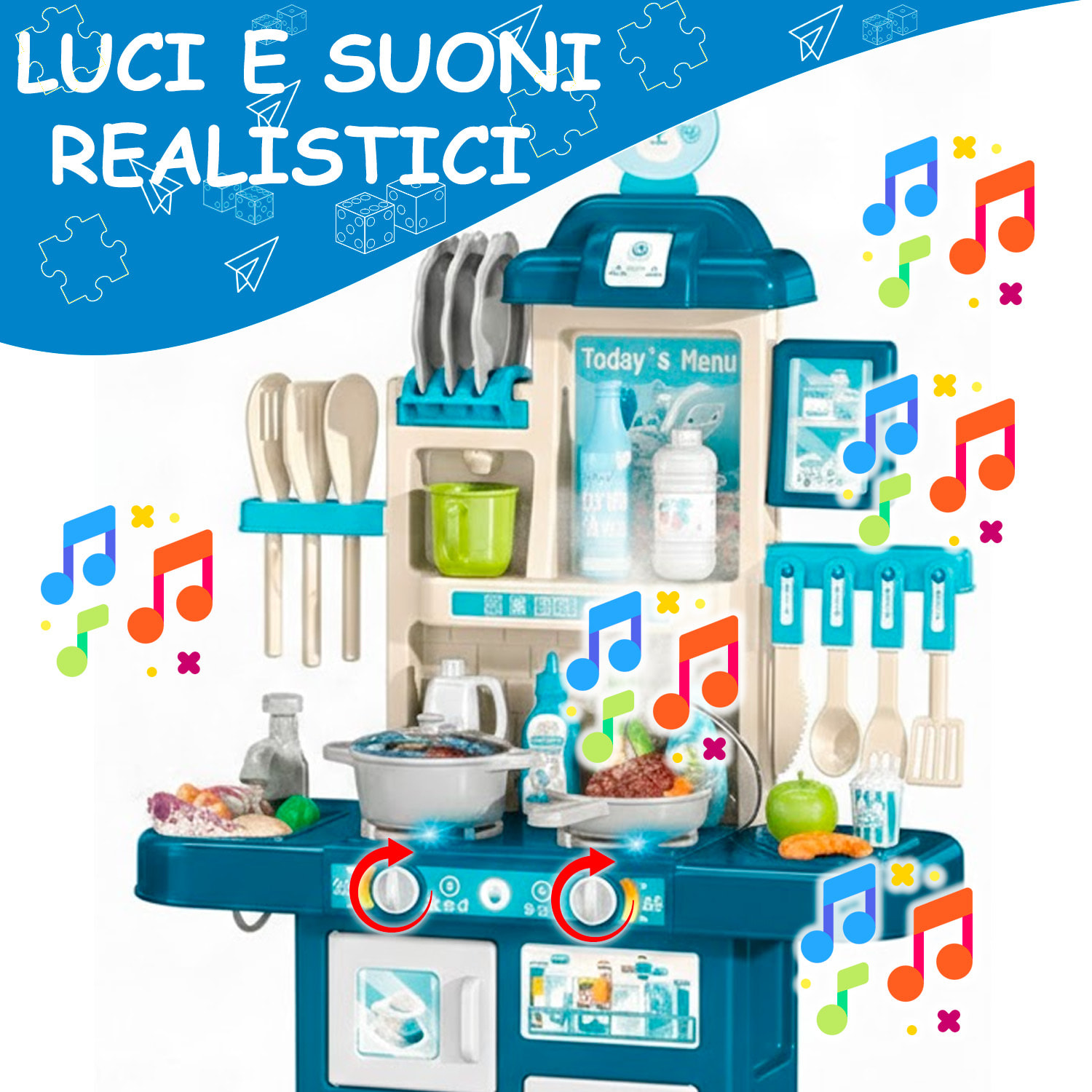 Cucina Giocattolo Per Bambini Con Luci E Suoni Realistici 69 Accessori Rubinetto Con Sistema Di Riciclo Dell'Acqua E Fornelli 3-5 Anni Blu e Bianco