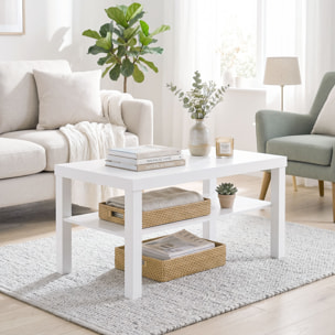 Mesa de Centro, Mesa de Café para Salón con Estante Abierto, Tablero Grueso, para Sala de Estar, Comedor, Oficina, 90x45x44,5 cm, Blanco