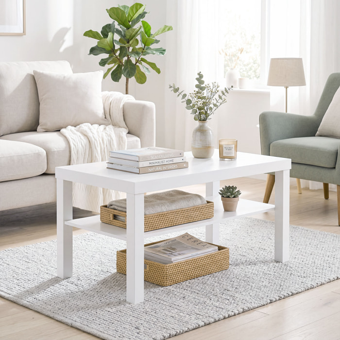 Mesa de Centro, Mesa de Café para Salón con Estante Abierto, Tablero Grueso, para Sala de Estar, Comedor, Oficina, 90x45x44,5 cm, Blanco