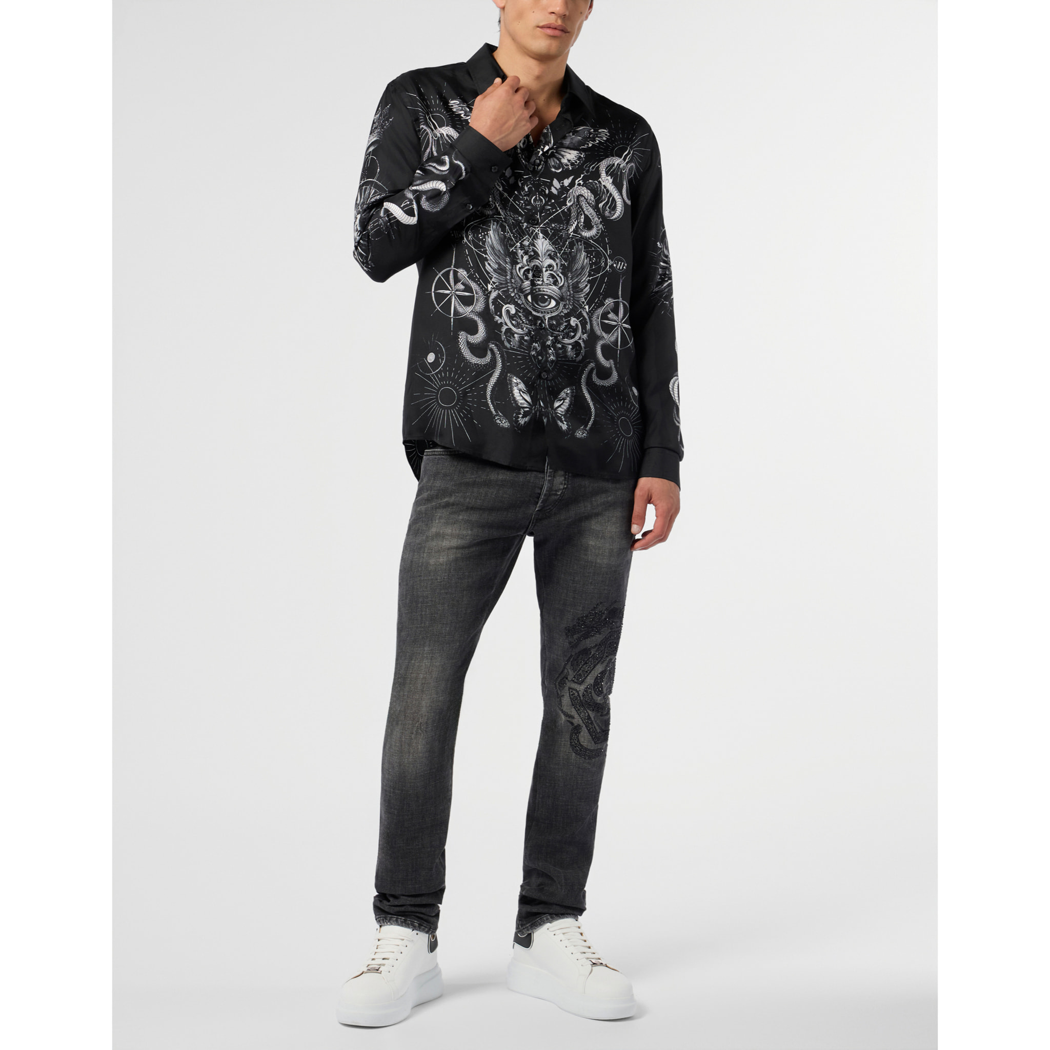PHILIPP PLEIN Silk Shirt All-Over Tattoo