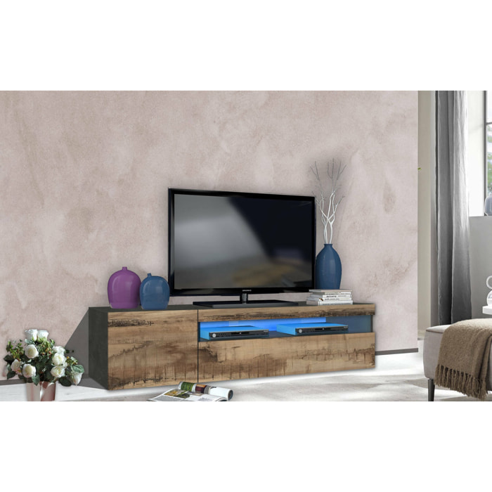 Mobile porta TV Aquilo, Credenza bassa da soggiorno, Base porta televisione, 100% Made in Italy, cm 150x40h37, Ardesia e Acero, con luce LED