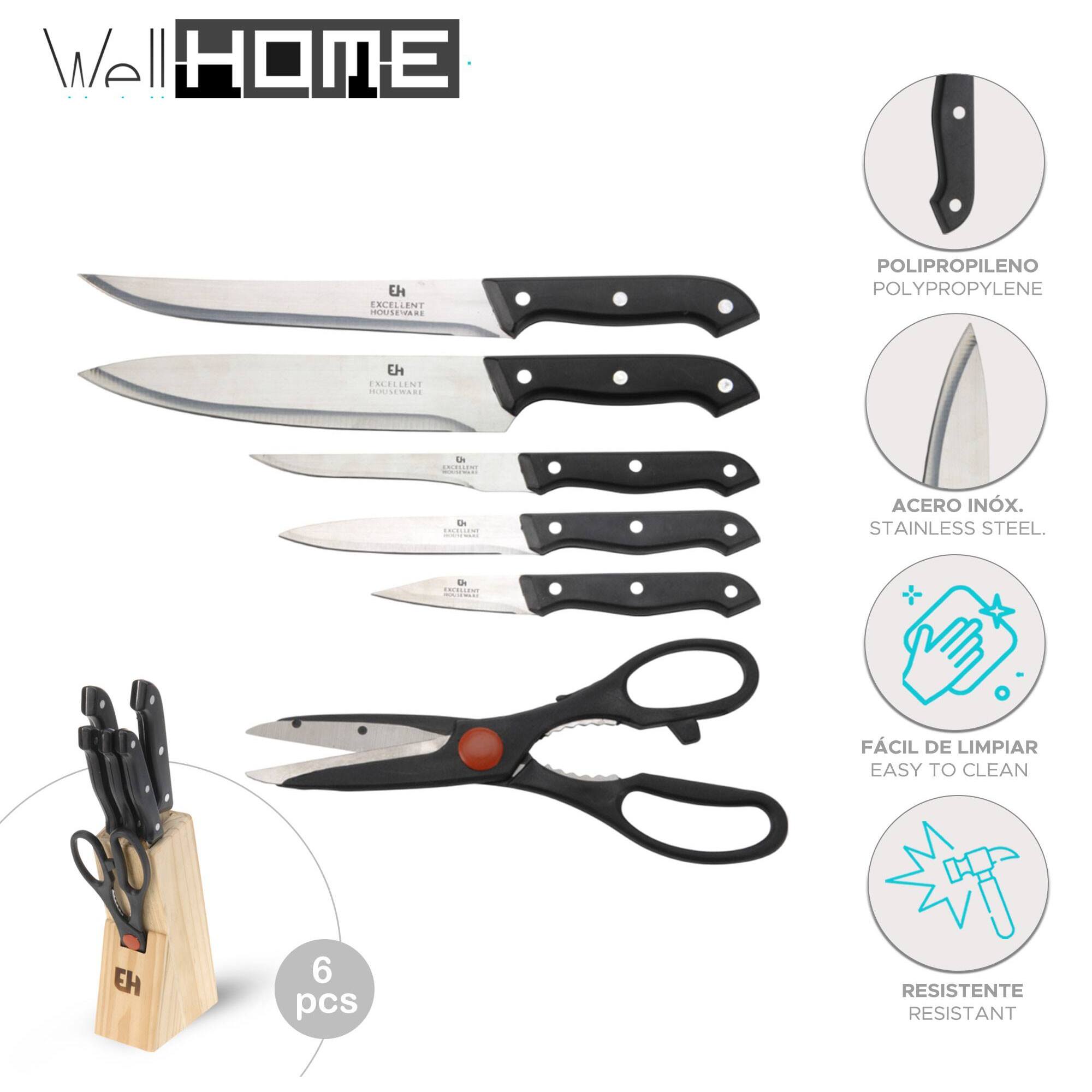 juego de cuchillos 6pcs en acero con tacoma de madera