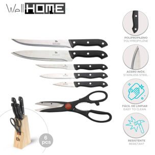 juego de cuchillos 6pcs en acero con tacoma de madera