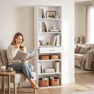 Estantería para Libros Alta y Estrecha, Librería de 7 Niveles con Cajón, 6 Compartimentos Abiertos, Armario para Salón, Estudio, Oficina, 60x24x182 cm, Blanco