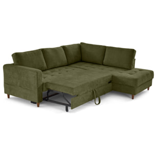 Anna - canapé d'angle droit 5 places convertible en velours texturé - Vert Olive