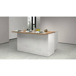 Isola da cucina Dcarnelo, Tavolo ausiliario portaoggetti, Mobile da cucina a 3 ante, 100% Made in Italy, 155x90h90 cm, Bianco lucido e Rovere