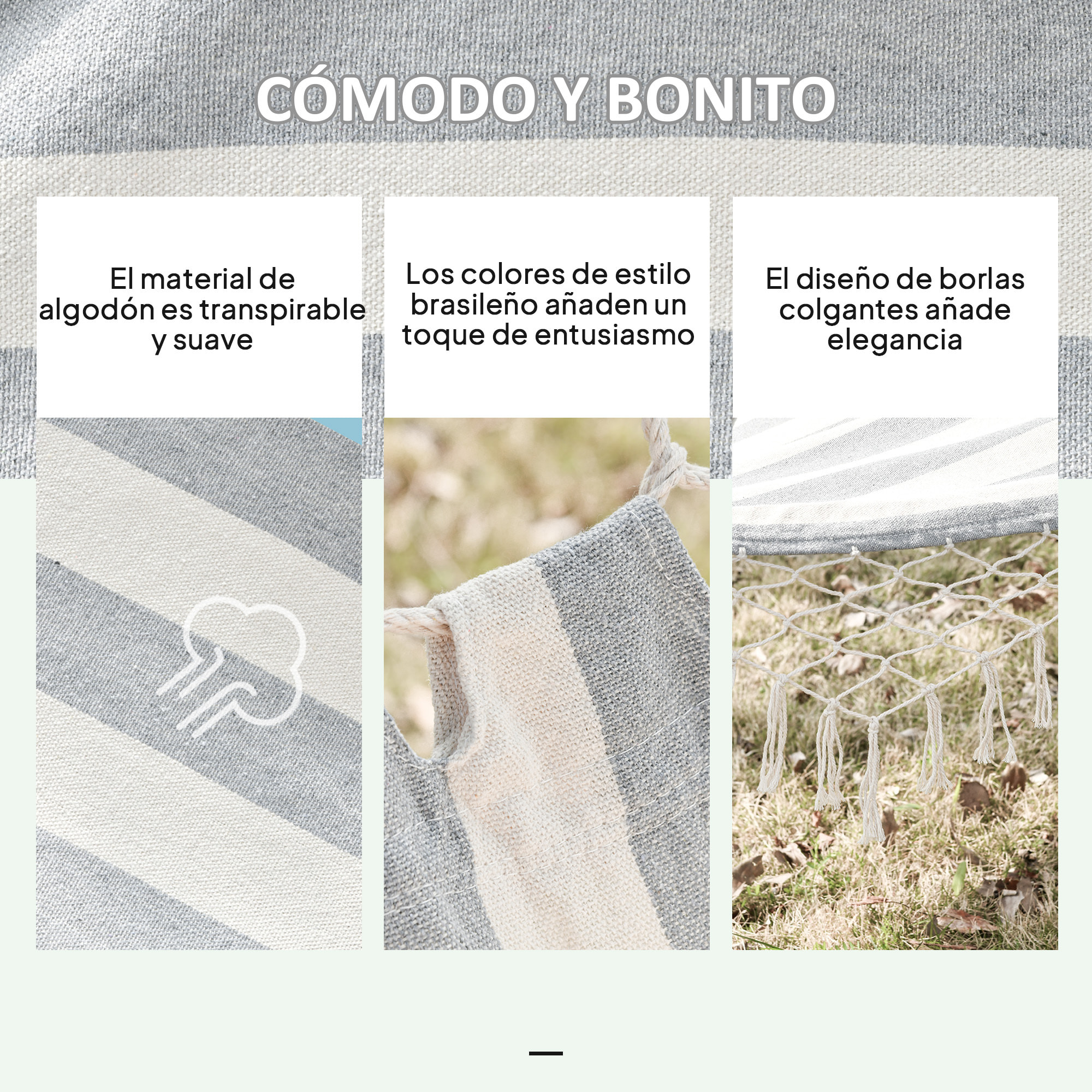 Hamaca de Jardín 200x100 cm Hamaca Colgante con Travesaños de Madera Carga 120 kg para Patio Terraza Balcón Camping Gris y Crema