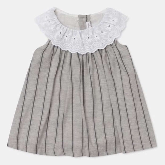 VESTIDO GRIS CON RAYAS NEGRAS Y BORDADO