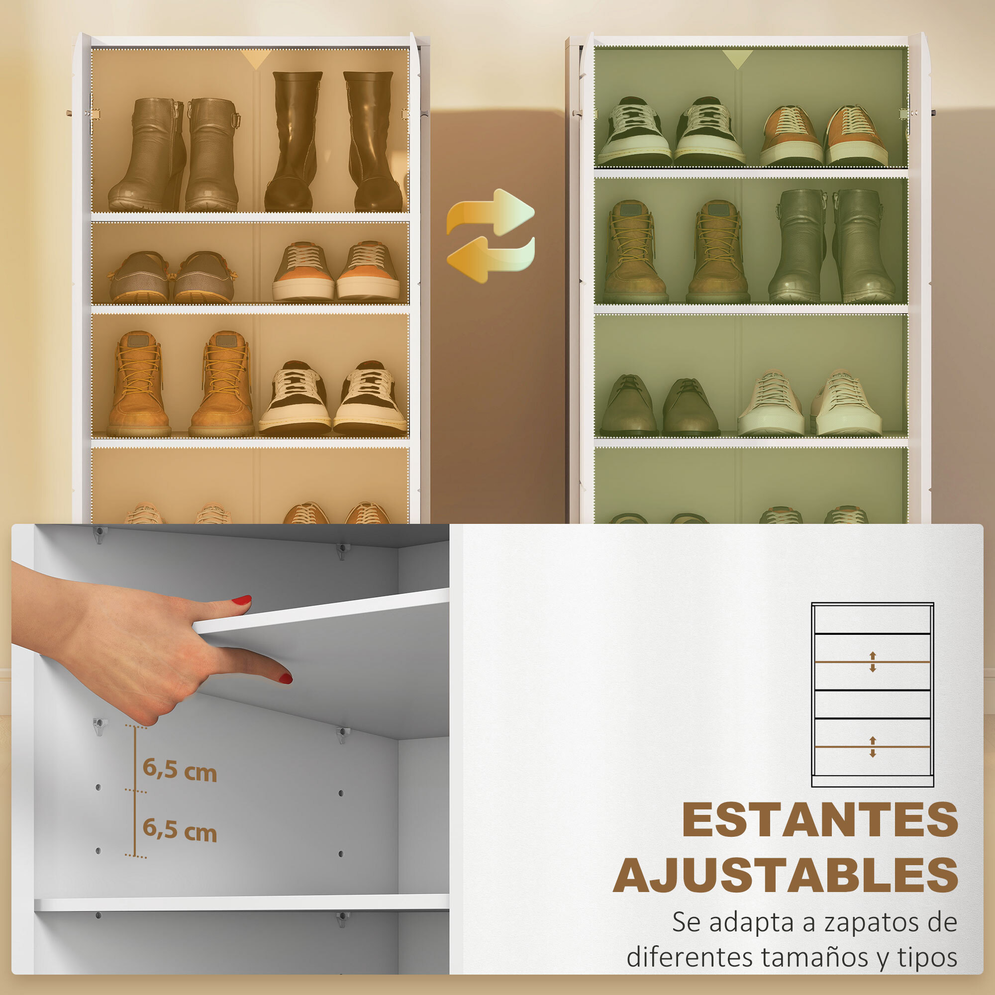 Mueble Zapatero, Armario para Zapatos Moderno con Estantes Ajustables, para 10 Pares de Zapatos, Zapatero para Pasillo, Recibidor, 55x36x108 cm, Blanco Brillo