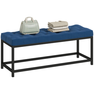 Banco Pie de Cama, Tapizado en Terciopelo, Banqueta para Dormitorio, Diseño Capitoné, Base de Metal, Banco para Dormitorio, Entrada, Salón, Recibidor, Azul Oscuro