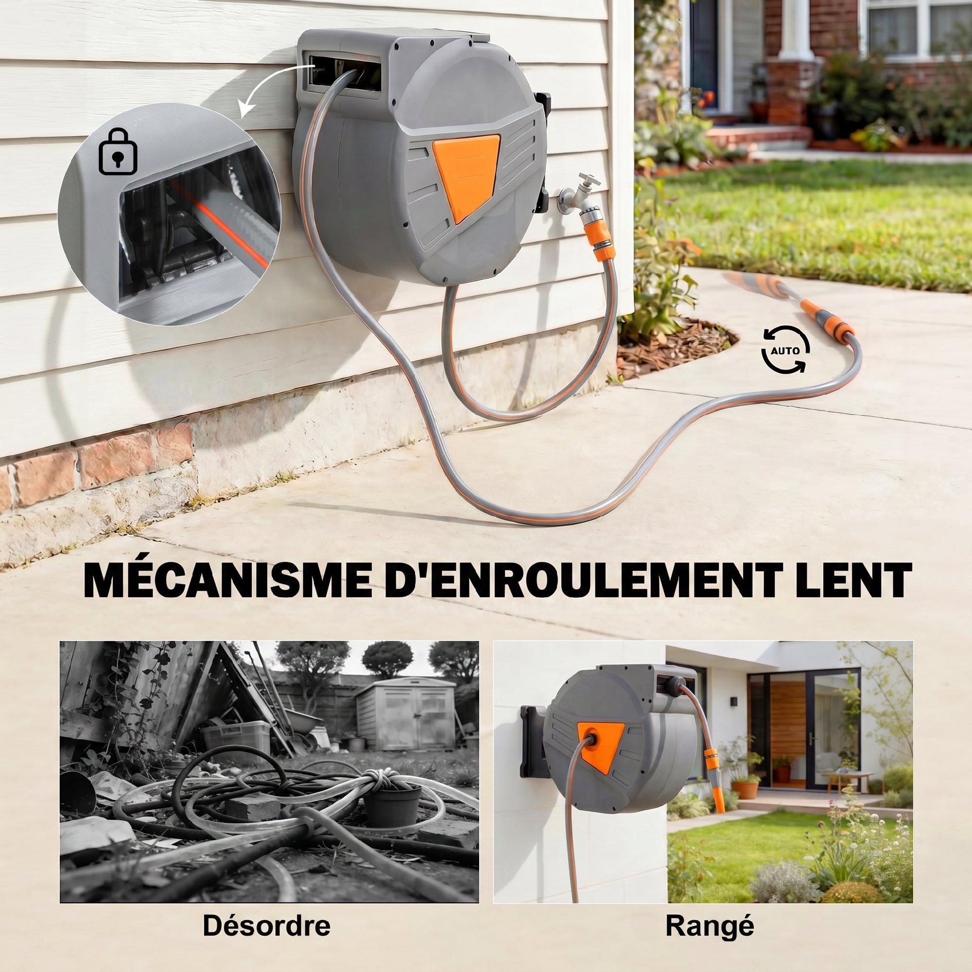 Dévidoir mural enrouleur automatique pivotant 180° tuyau 40 + 2 m avec lance arrosage 2 modes support mural intégré orange gris