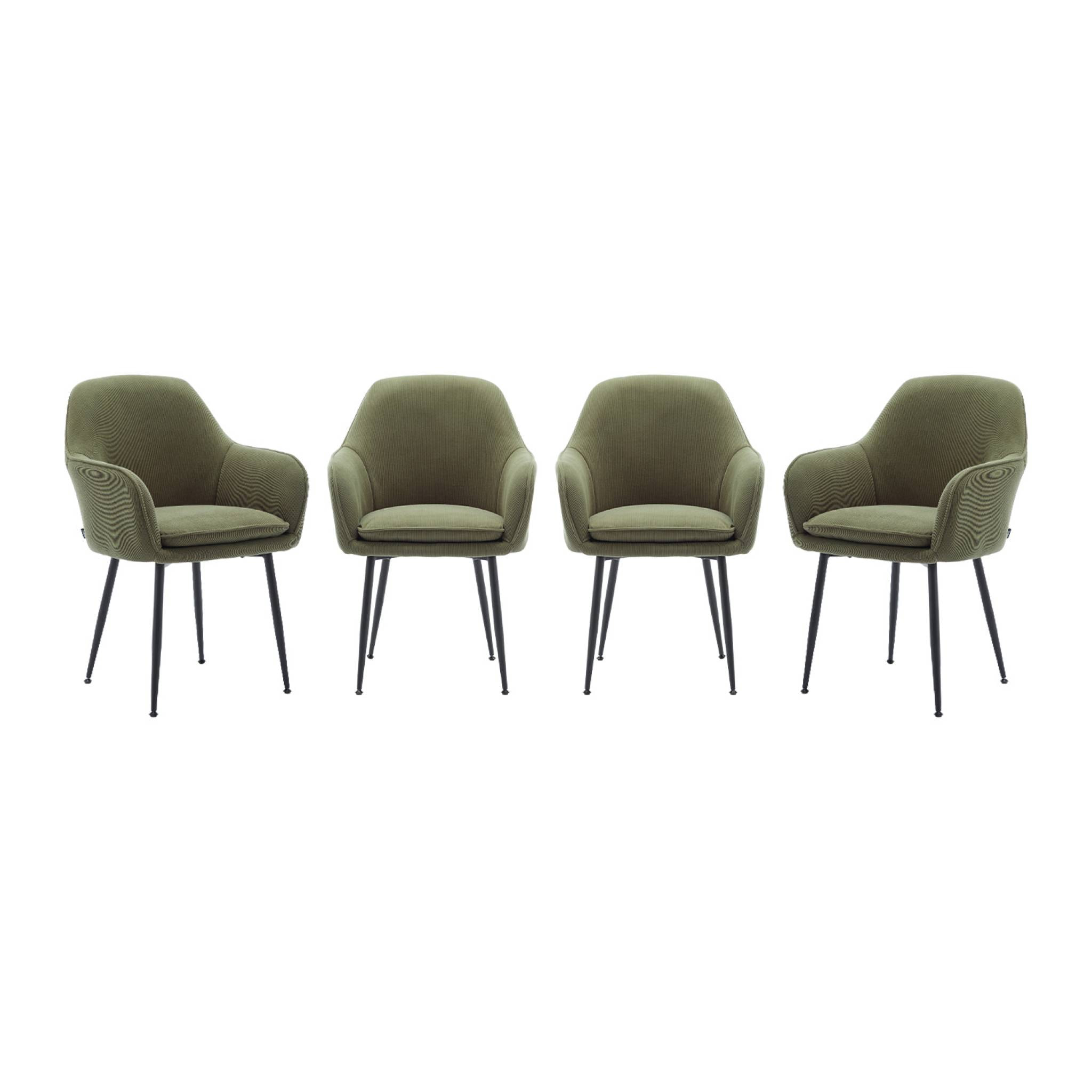 Lot de 4 fauteuils en velours côtelé kaki foncé et pieds en métal noir mat. L 57 x P 59 x H 84.5cm